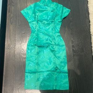 Vintage Chinese Dress - bamboo tone on tone print minty turquoise Green - NWT